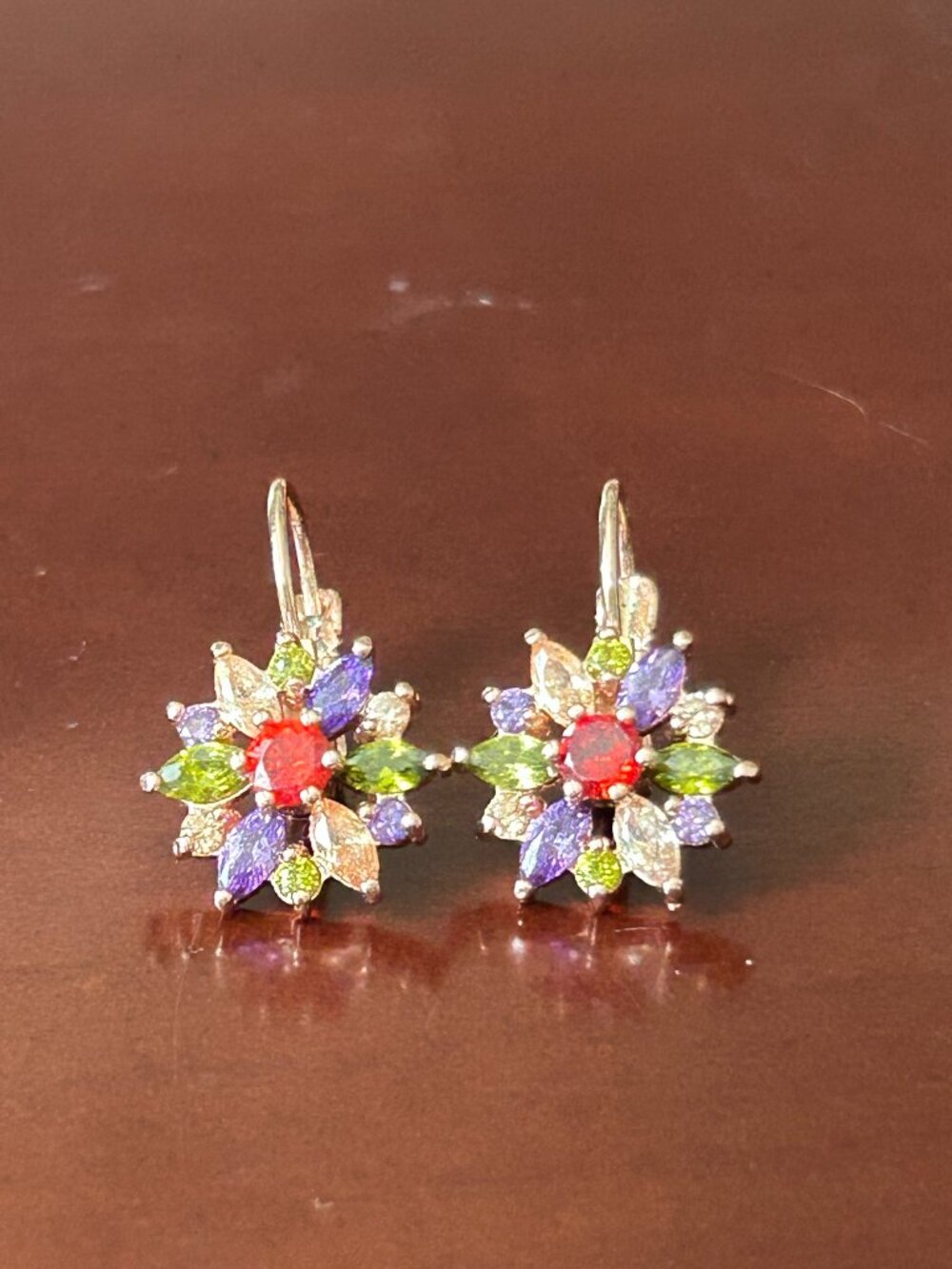 Vintage Rainbow Crystal Flower Earrings Rose Gold Leverback Y2K Statement